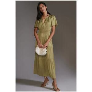 Anthropologie Somerset Satin Maxi Dress Women's 2X Olive Green Tiered Boho Silky